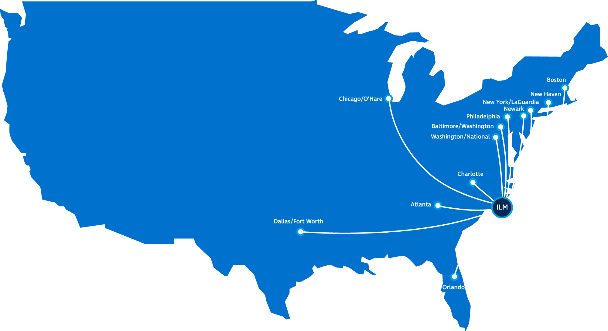 Map of United States with non-stop destinations