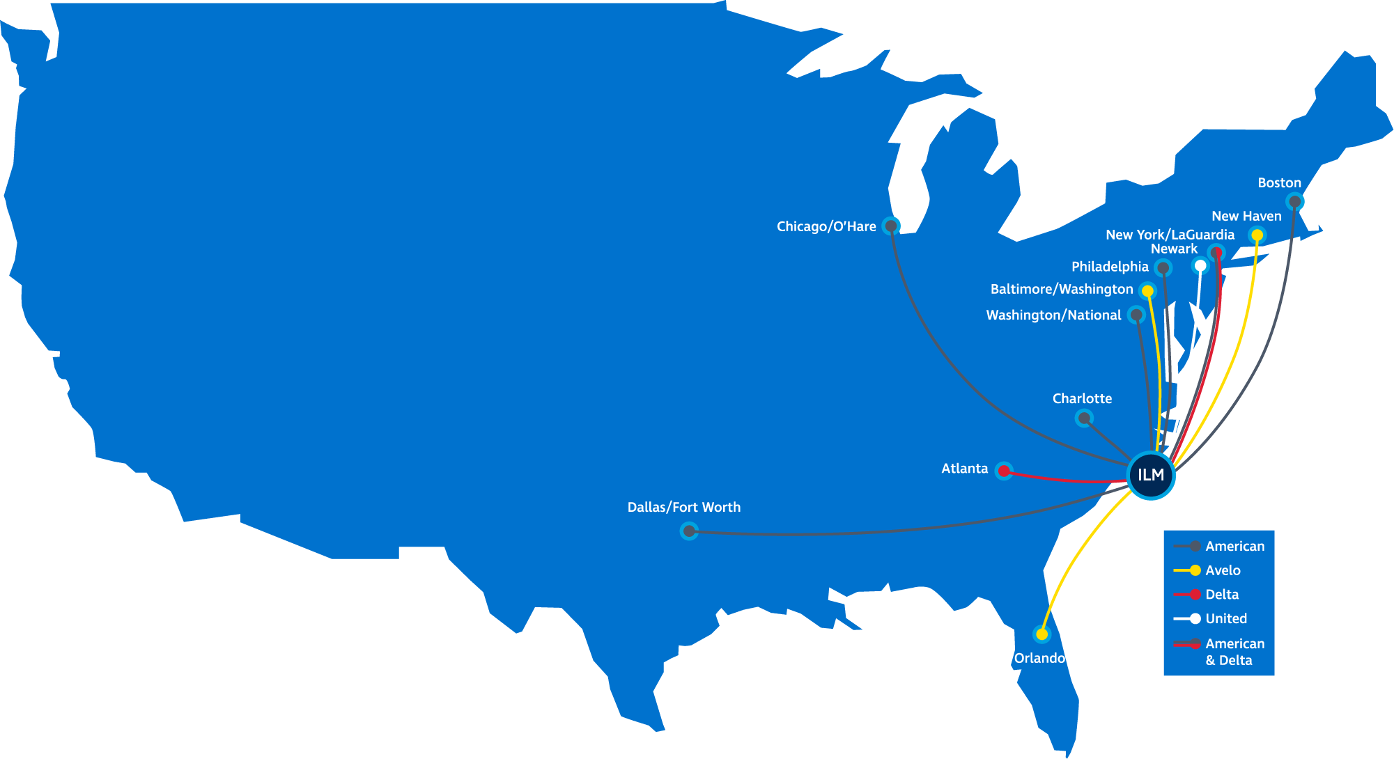 Map of United States with non-stop destinations