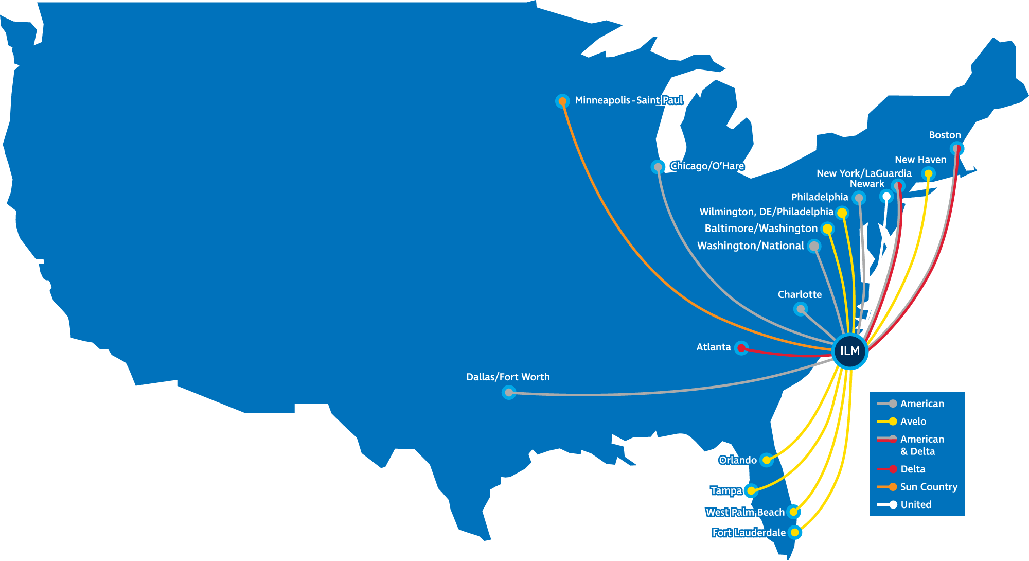 Map of United States with nonstop flight destinations