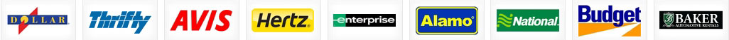Ground transportation logos: Dollar, Thrifty, Avis, Hertz, Enterprise, Alamo, National, Budget and Baker