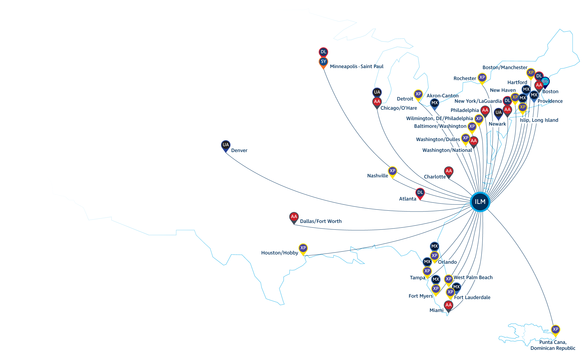 Map of United States with nonstop flight destinations.